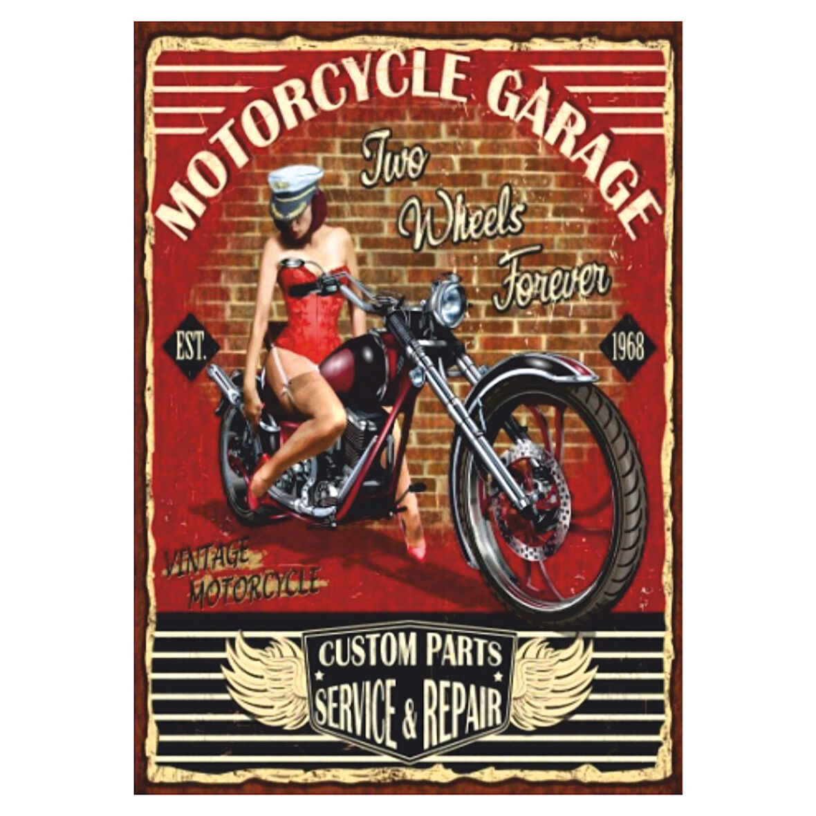Motorcycle Garage Vintage Chopper Temalı Ahşap Retro Garaj Poster Tablo