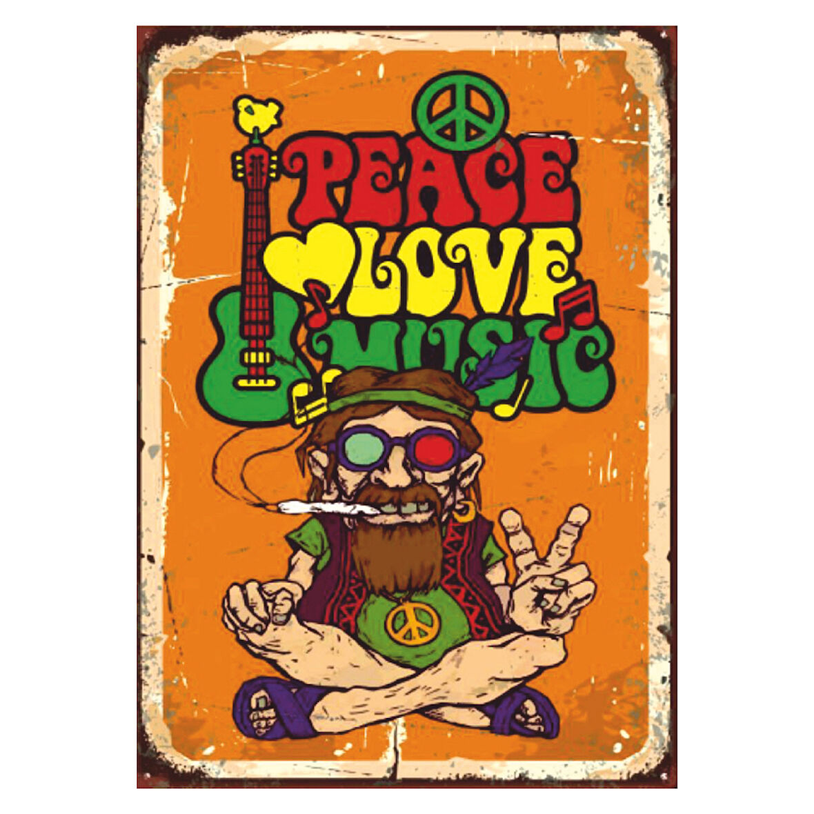 Peace Love Music Retro Ahşap Tablo - Hippi Temalı Nostaljik Poster
