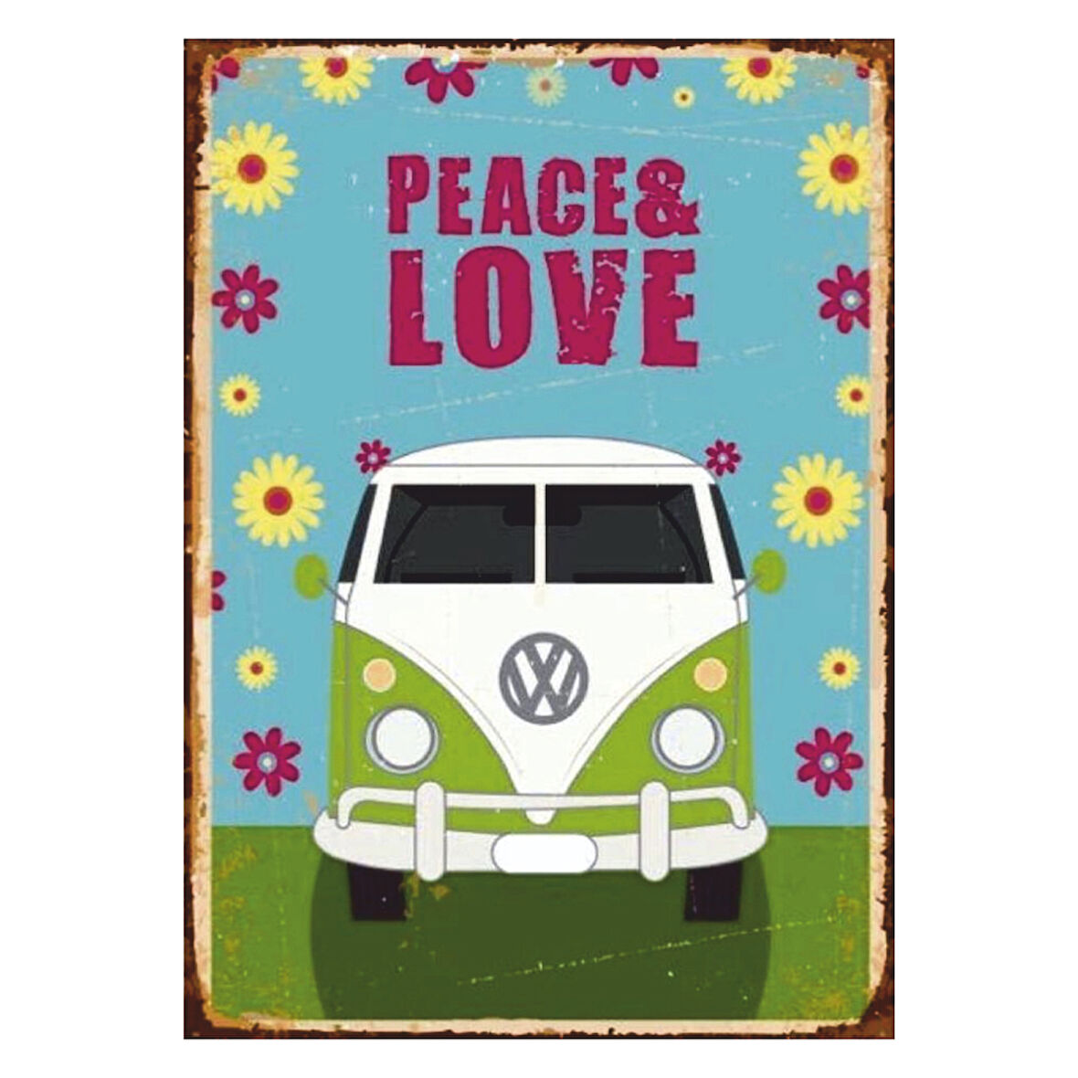 Peace & Love Retro Ahşap Tablo - Hippi Minibüs Temalı Nostaljik Tasarım
