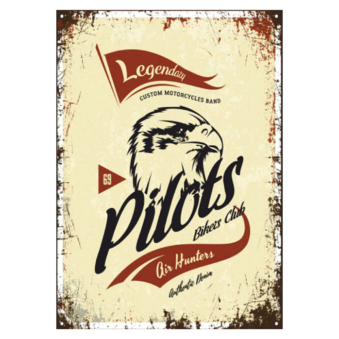 Pilots Bikers Club Retro Ahşap Tablo - Kartal ve Motosiklet Kulübü Temalı Tasarım
