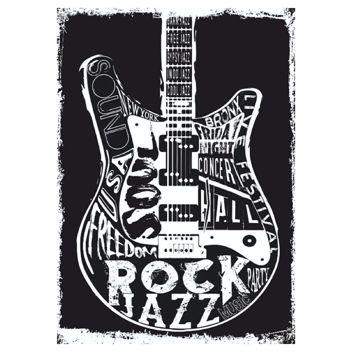 Rock Jazz Gitar Temalı Ahşap Tablo - Siyah Beyaz Müzik Poster Tasarımı