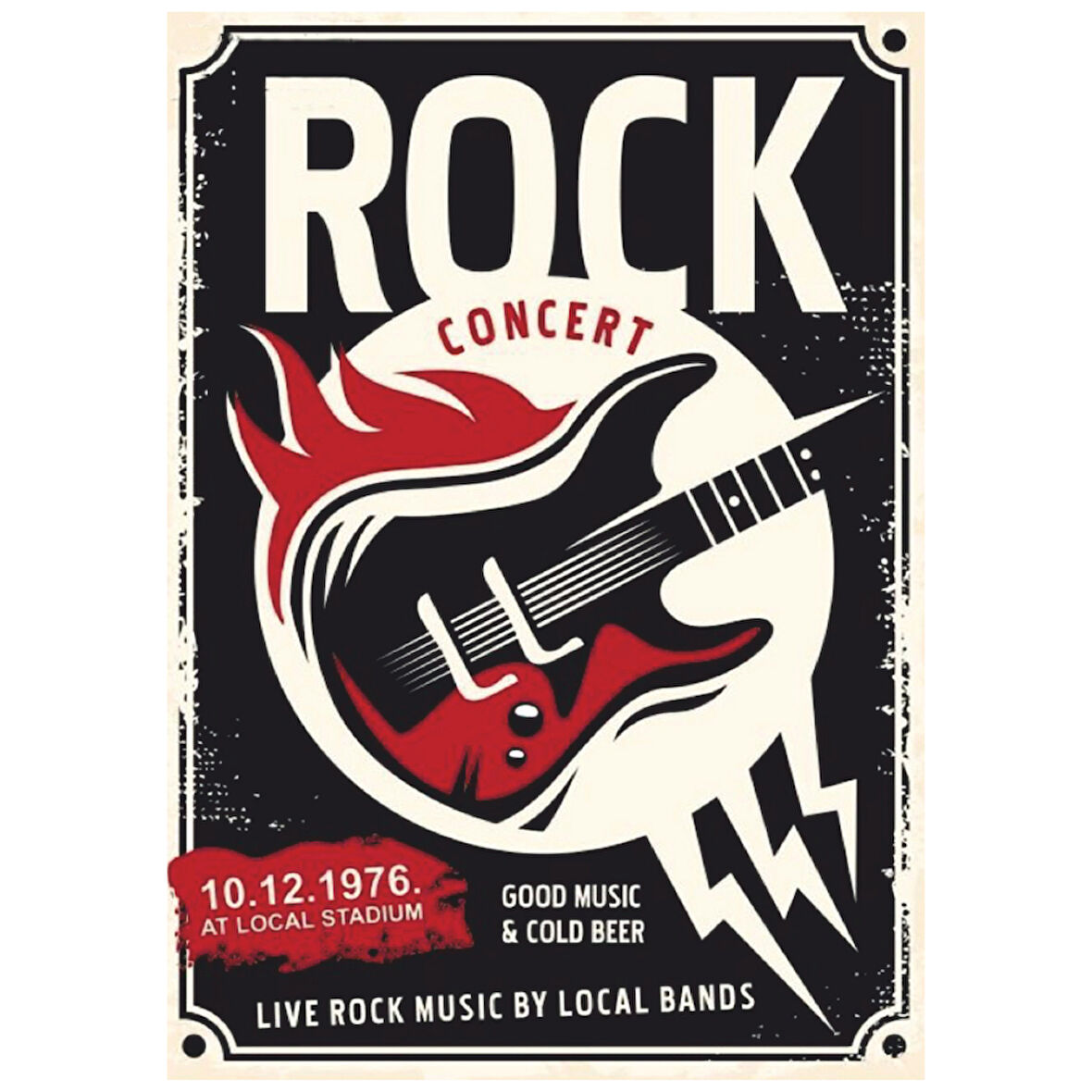 Rock Concert Retro Ahşap Tablo - 1976 Müzik Afişi ve Gitar Tasarımı