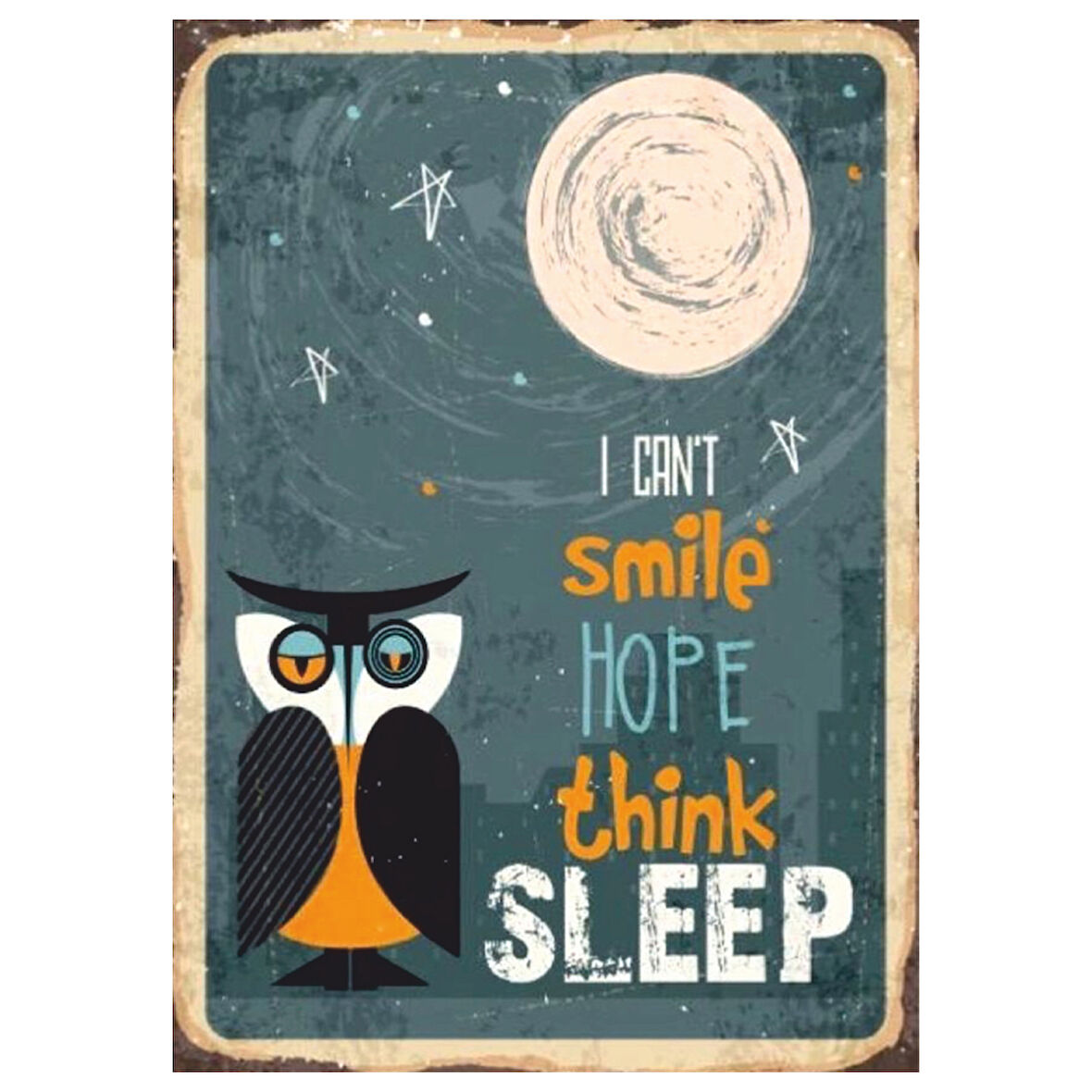 I Can't Sleep Temalı Baykuşlu Retro Ahşap Tablo - Uykusuzluk ve Ruh Hali Posteri