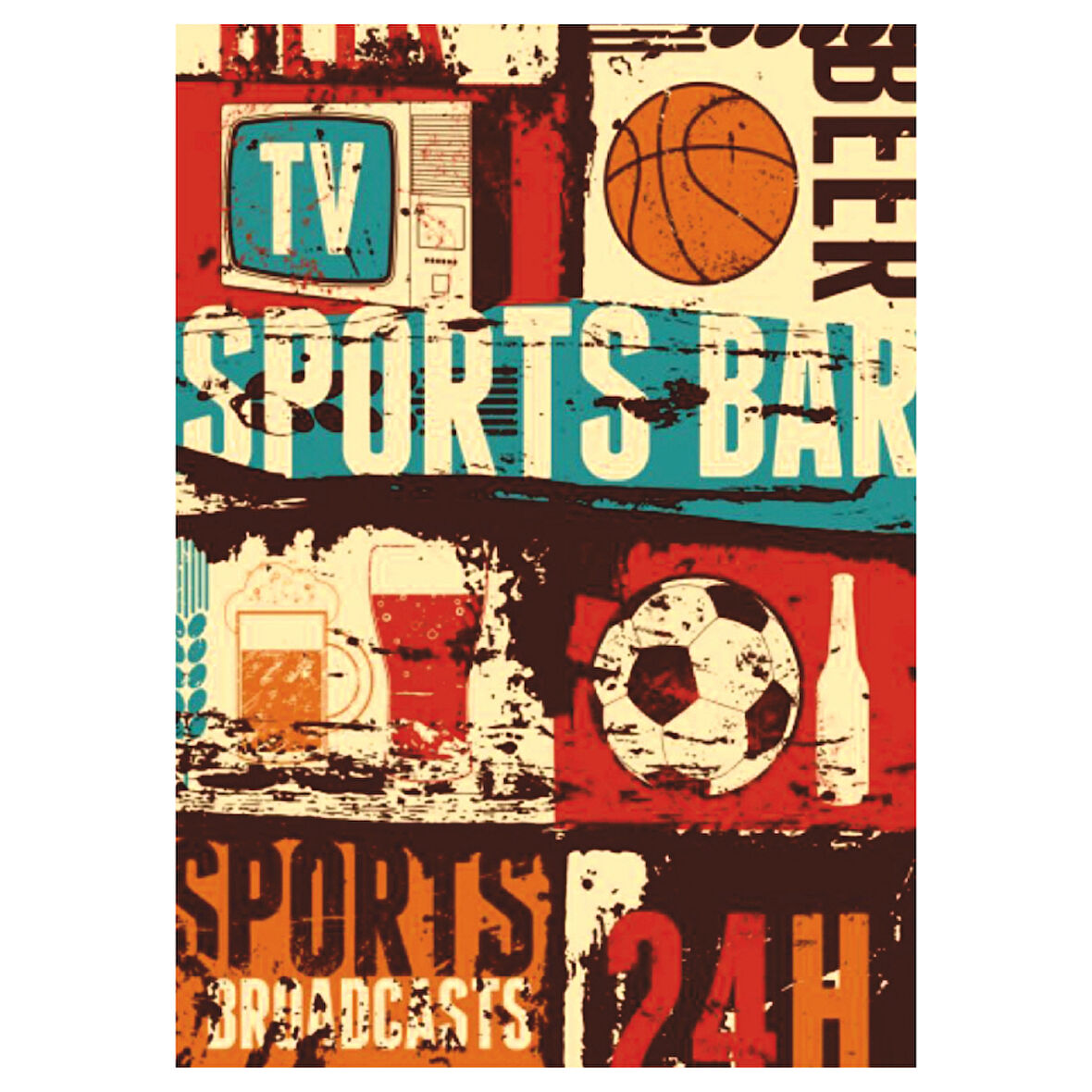 Sports Bar Retro Ahşap Tablo - 24 Saat Spor Yayını ve Bira Temalı Tasarım