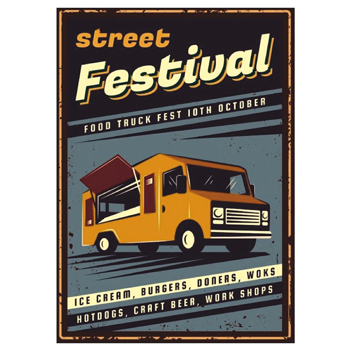 Street Festival Retro Ahşap Tablo - Food Truck ve Sokak Lezzetleri Temalı Tasarım