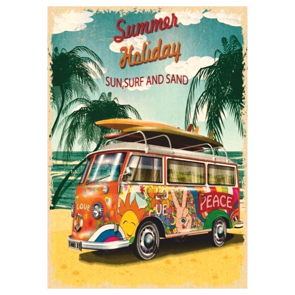 Summer Holiday Retro Ahşap Tablo - Hippi Minibüs ve Sahil Tatili Temalı Tasarım