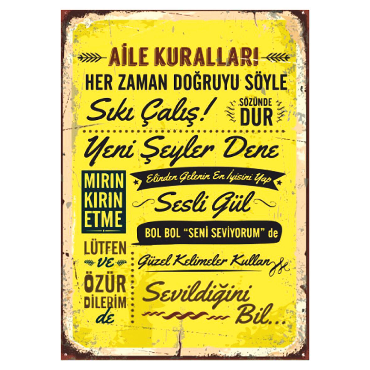 Aile Kuralları Temalı Retro Ahşap Tablo - Sevgi ve Değer Odaklı Dekor Tasarımı