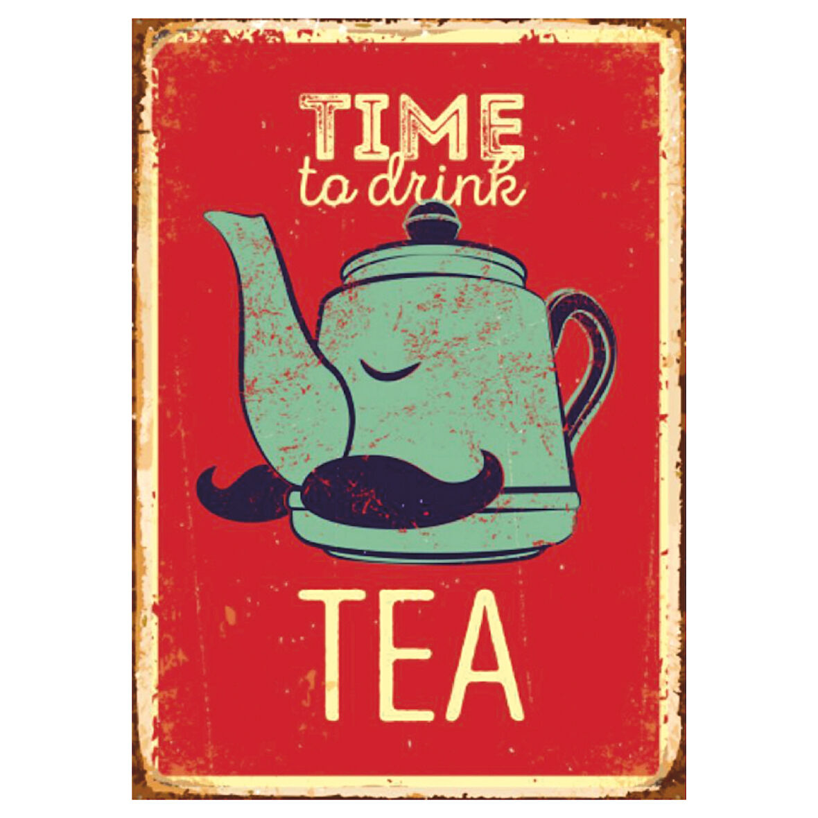 Time to Drink Tea Retro Ahşap Tablo - Mizahi Bıyıklı Çaydanlık Tasarımı