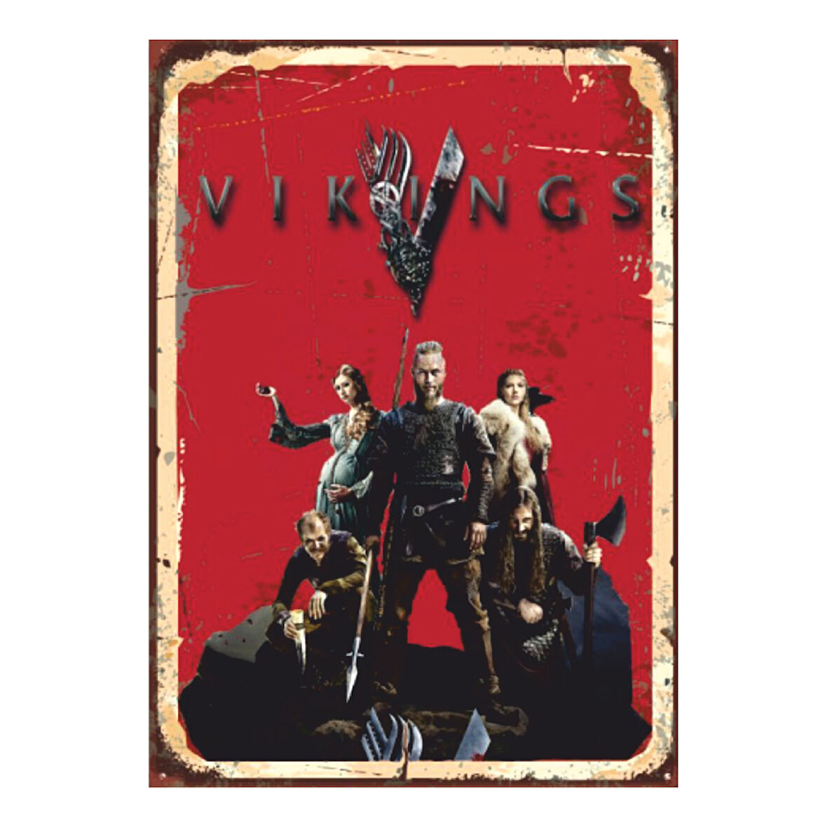 Vikings Retro Ahşap Tablo – Ragnar Lodbrok ve Viking Savaşçıları Temalı Dizi Afişi