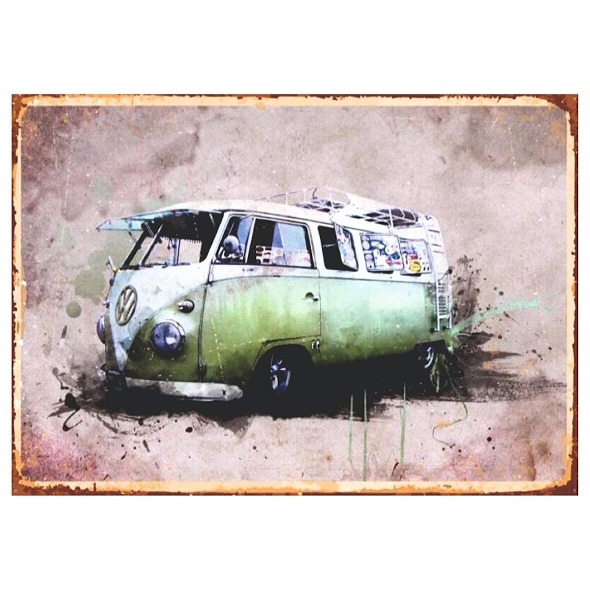 Volkswagen Minibüs Retro Ahşap Tablo – Yeşil T1 Camper Van ve Sulu Boya Efektli Tasarım