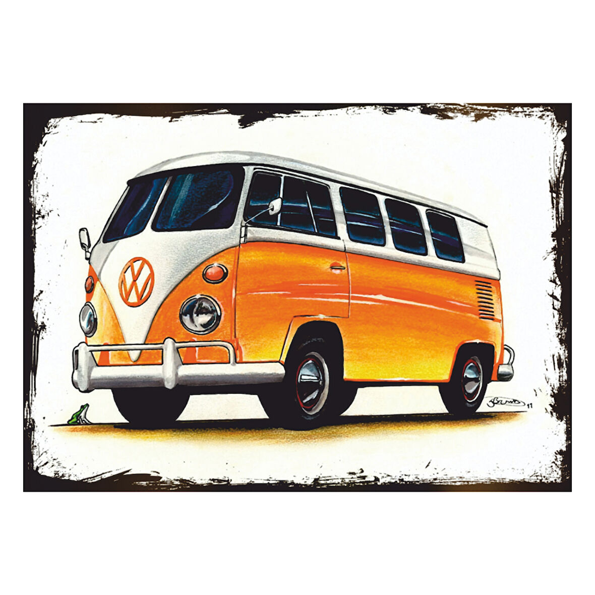 Volkswagen T1 Camper Van Retro Ahşap Tablo – Turuncu-Beyaz Vosvos Minibüs Tasarımı