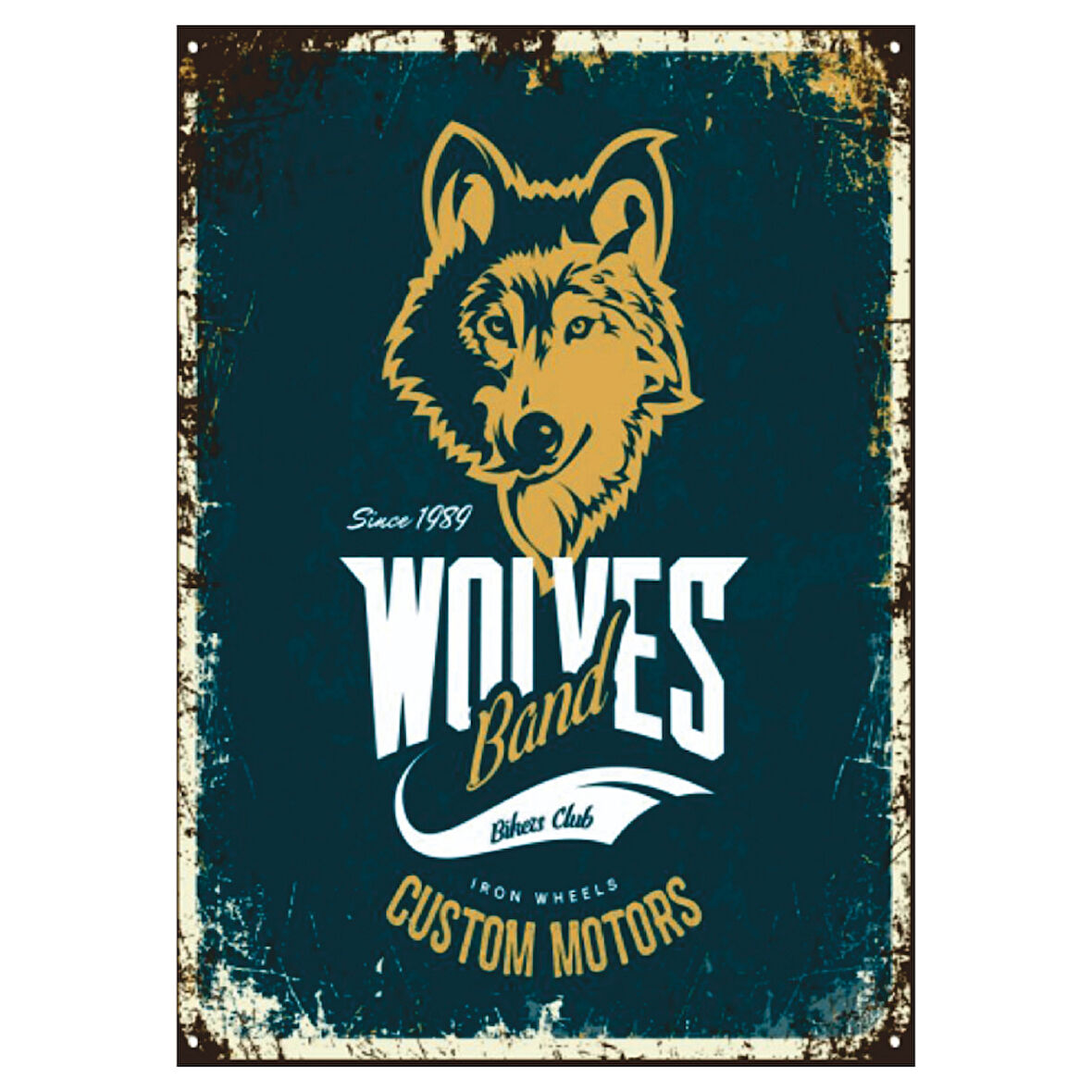 Wolves Band Retro Ahşap Tablo – Kurt ve Bikers Club Temalı Custom Motors Tasarımı