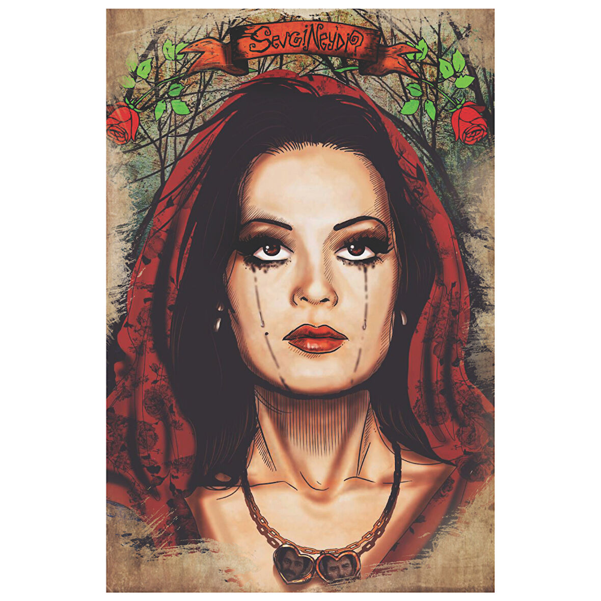 Sevgi Neydi? Türkan Şoray Portreli Retro Ahşap Tablo – Duygusal İllüstrasyon Tasarımı