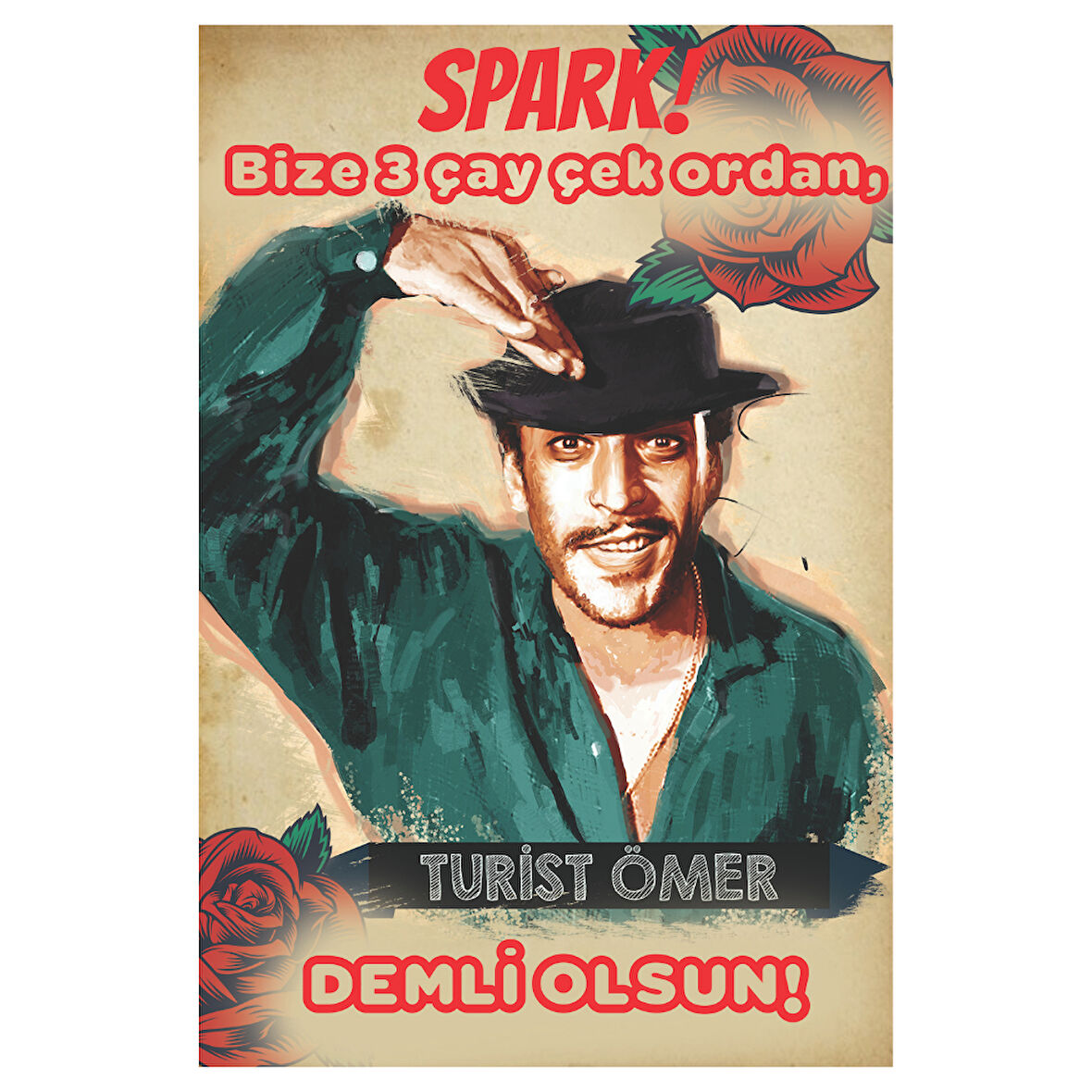 Turist Ömer “3 Çay Çek Spark” Temalı Retro Ahşap Tablo – Demli Mizah Tasarımı