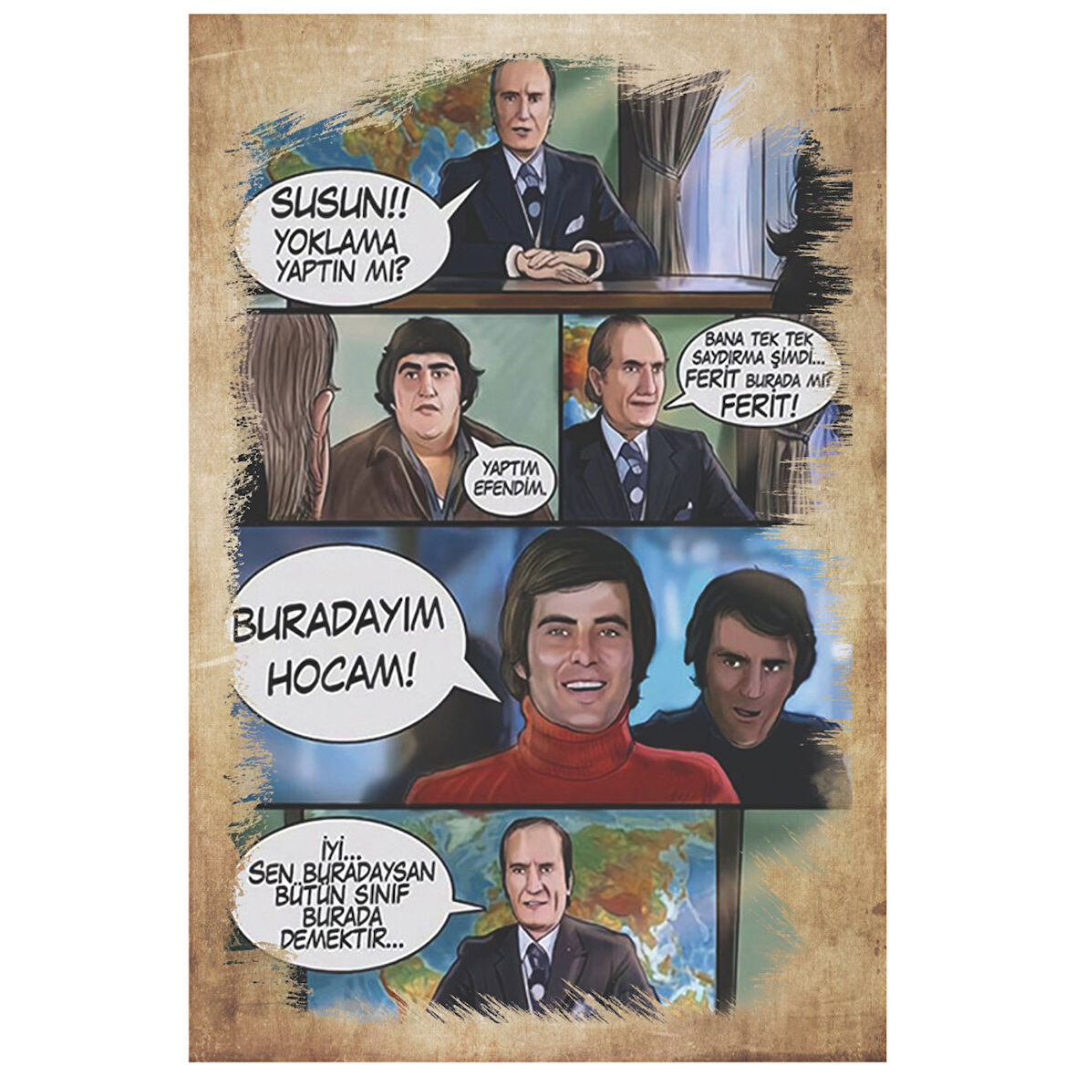 Hababam Sınıfı Buradayım Hocam Replikli Ahşap Retro Tablo – Yeşilçam Klasikleri