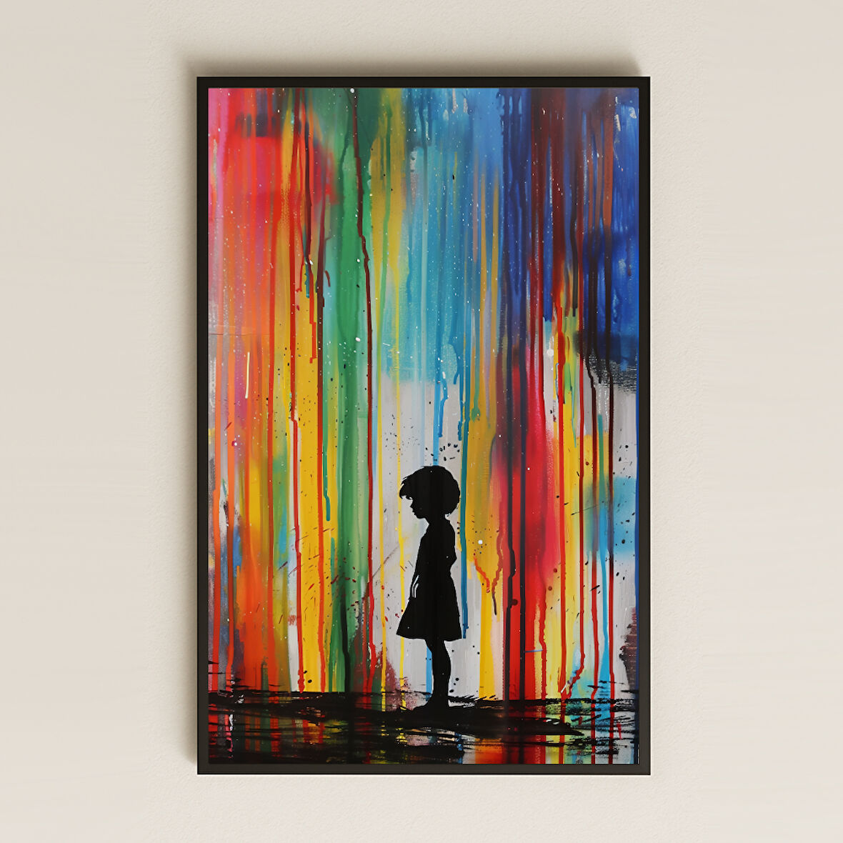Renk Yağmuru Temalı Çocuk Siluetli Şeffaf Pleksi Tablo