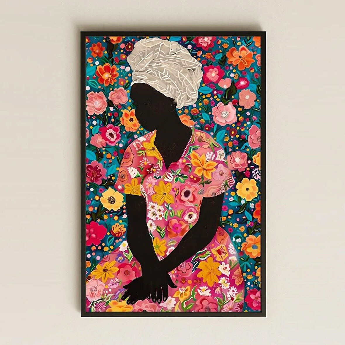 Çiçek Desenli Siluet Afrika Kadını Şeffaf Pleksi Tablo