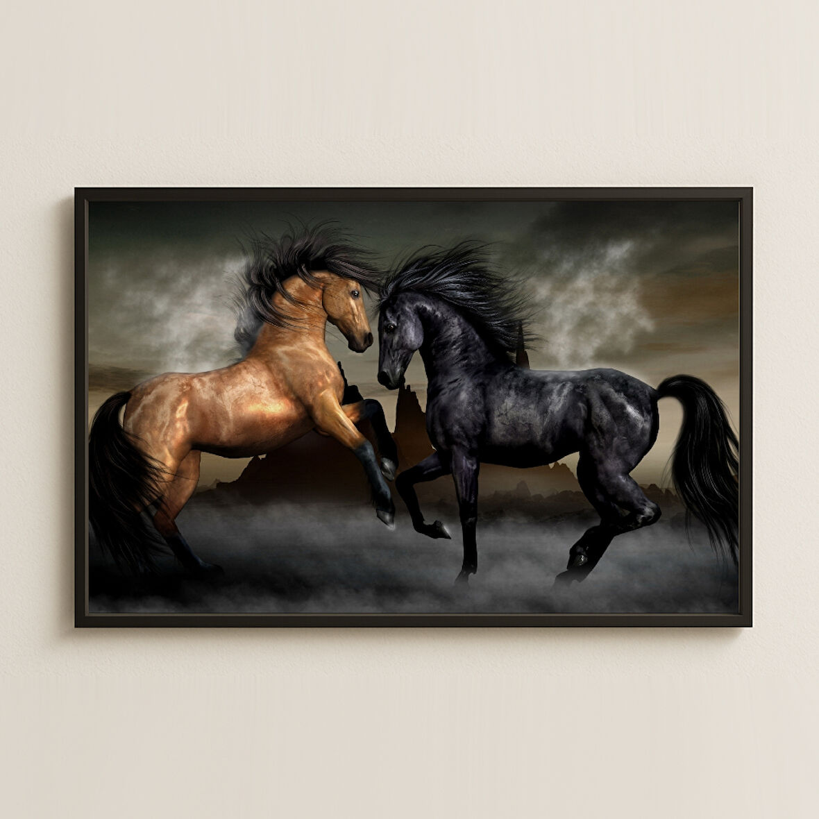 İki At Mücadelesi Dijital Sanat Pleksi Tablo