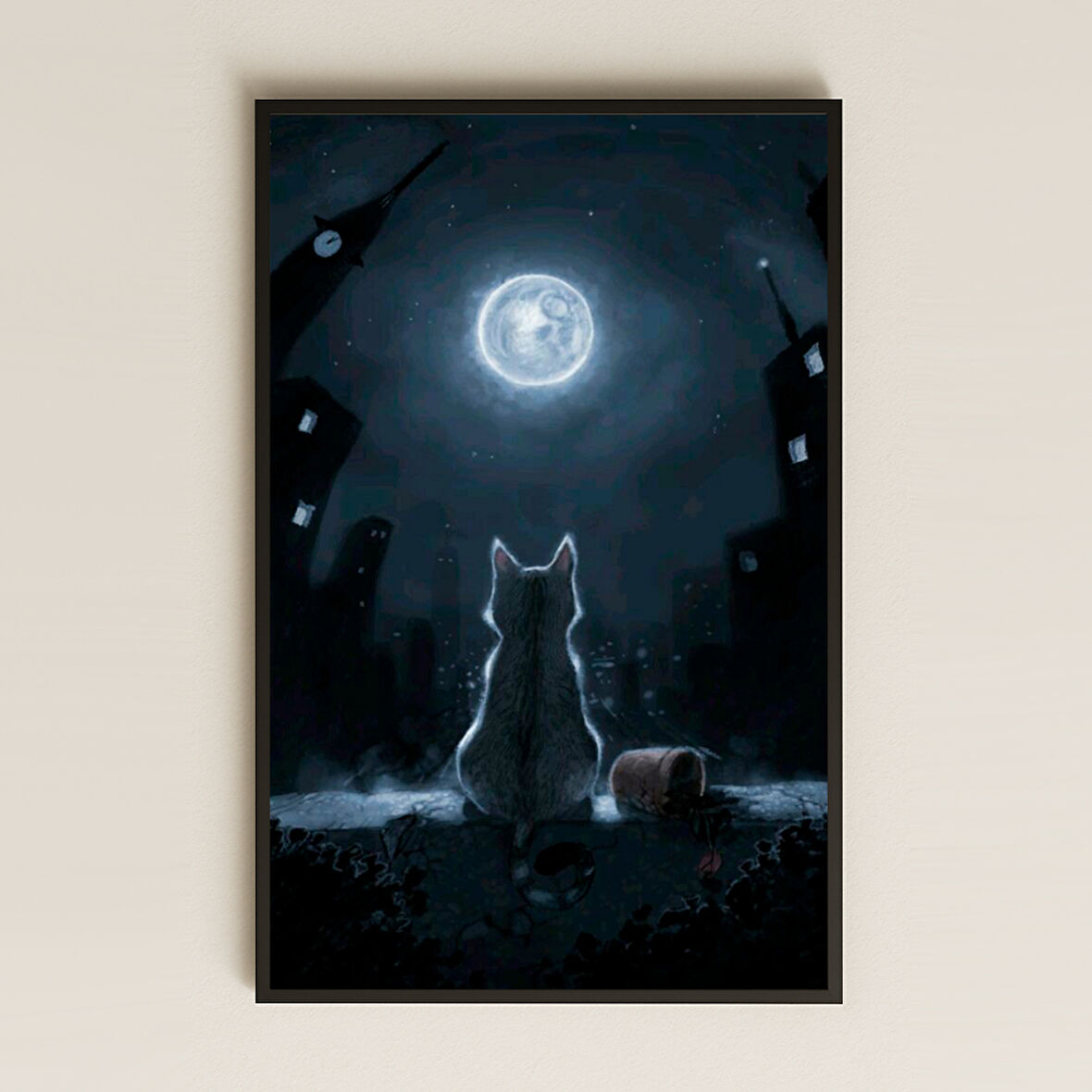 Dolunay Altında Şehirde Yalnız Kedi Dijital Sanat Pleksi Tablo