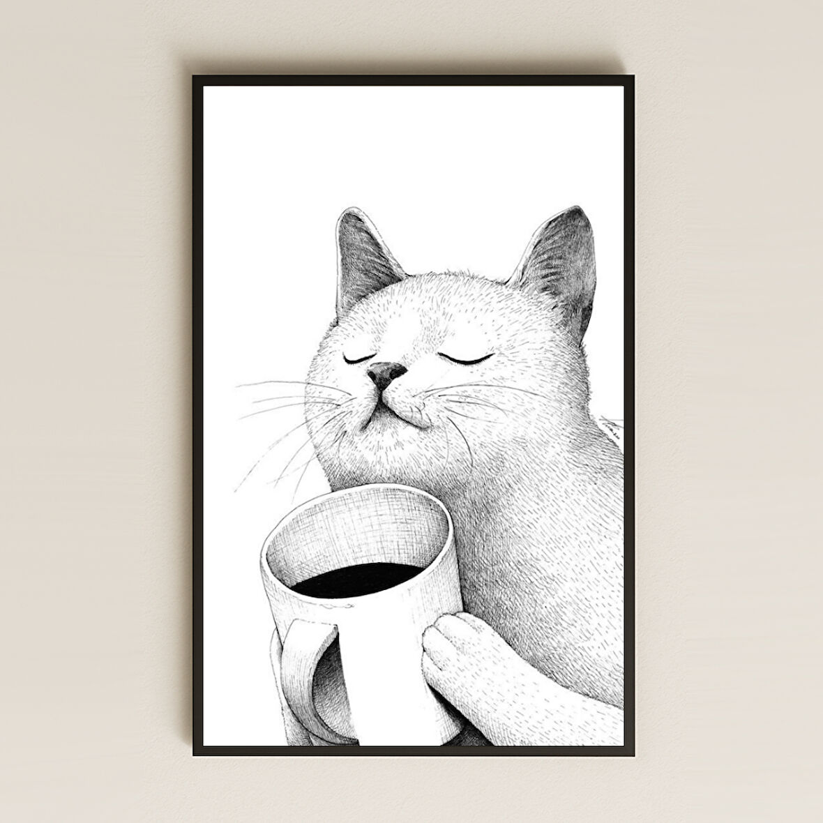 Minimal Kahve Keyfi Yaşayan Kedi Çizim Pleksi Tablo