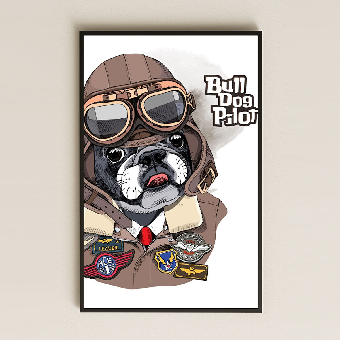 Bull Dog Pilot Temalı Mizahi İllüstrasyon Pleksi Tablo