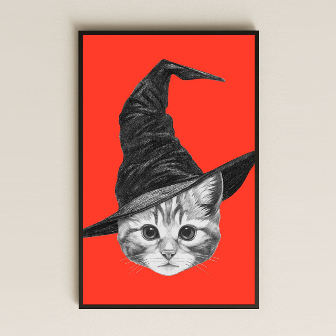 Cadı Şapkalı Kedi İllüstrasyonu Dijital Sanat Pleksi Tablo