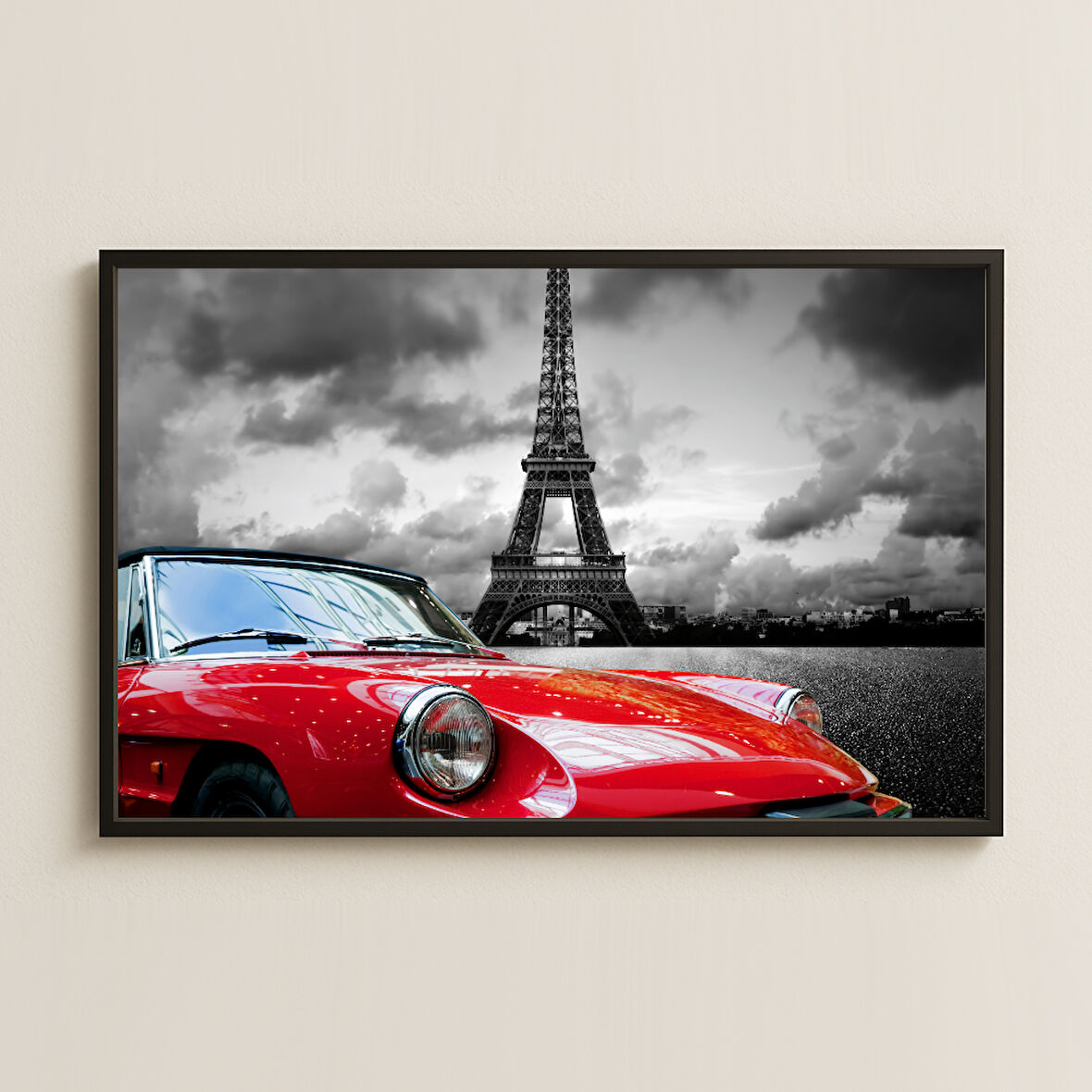 Eyfel Kulesi ve Kırmızı Klasik Araba Temalı Şeffaf Pleksi Tablo