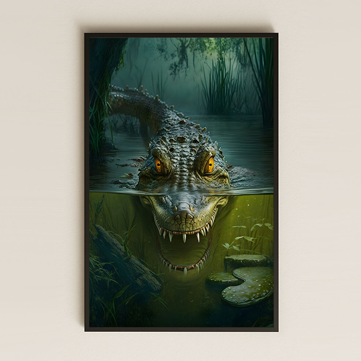 Yarı Suda Görünen Timsah Dijital Sanat Pleksi Tablo