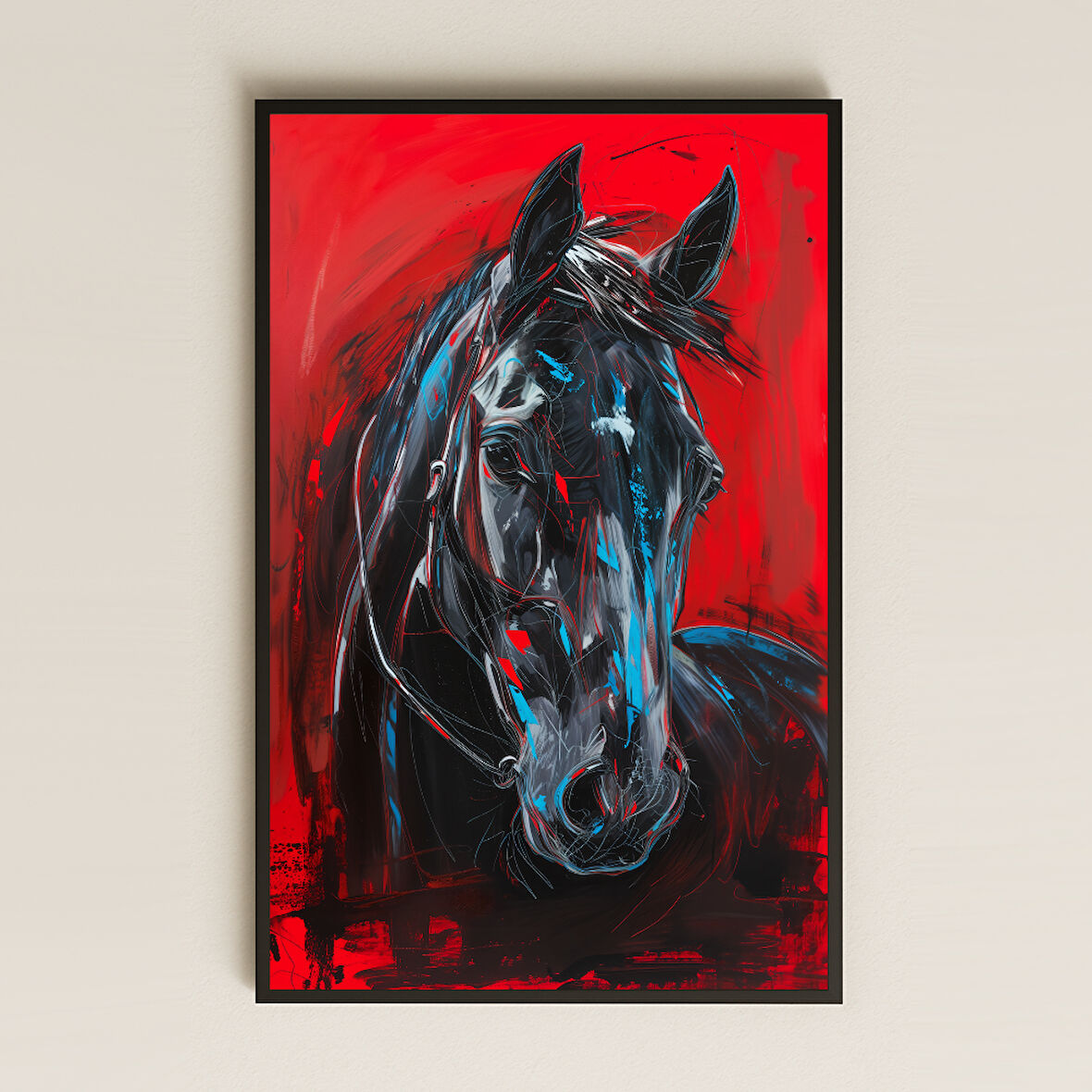 Kırmızı Zeminli Soyut Siyah At Dijital Sanat Pleksi Tablo