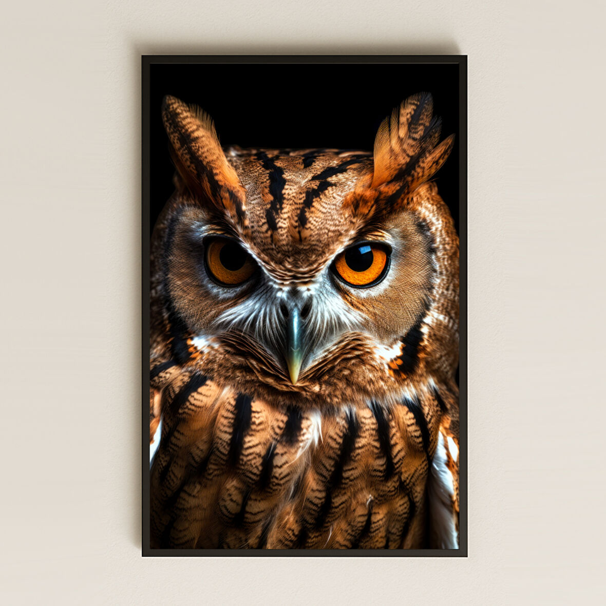 Siyah Fonlu Detaylı Baykuş Portresi Dijital Sanat Pleksi Tablo