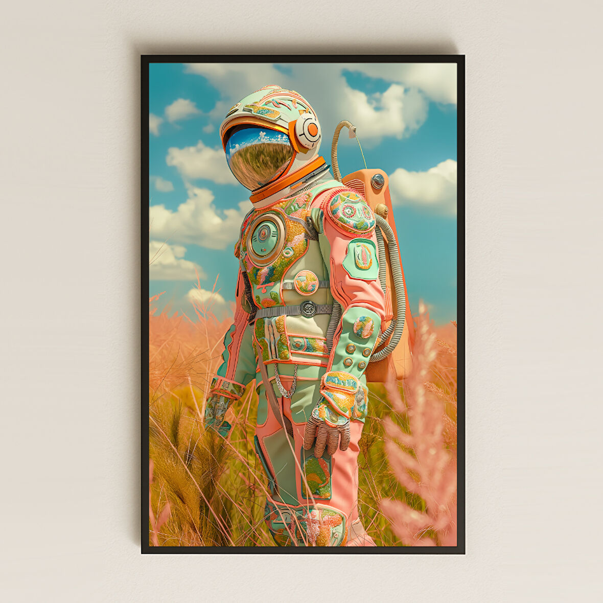 Pastel Renkli Astronot ve Çayır Manzaralı Dijital Sanat Pleksi Tablo