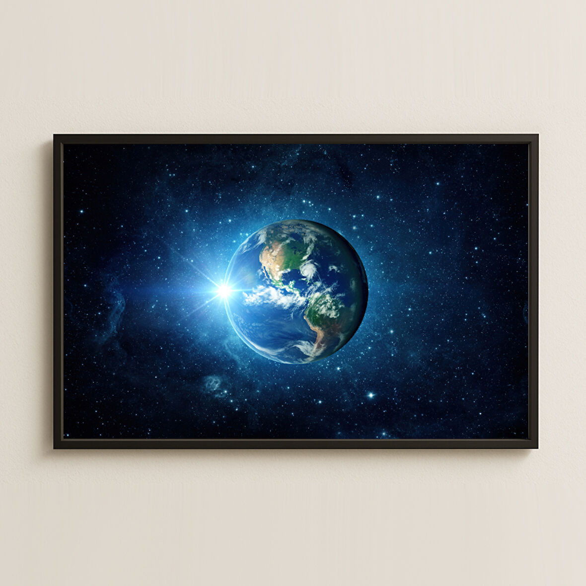 Uzaydan Görünen Dünya ve Yıldızlı Gökyüzü Dijital Sanat Pleksi Tablo