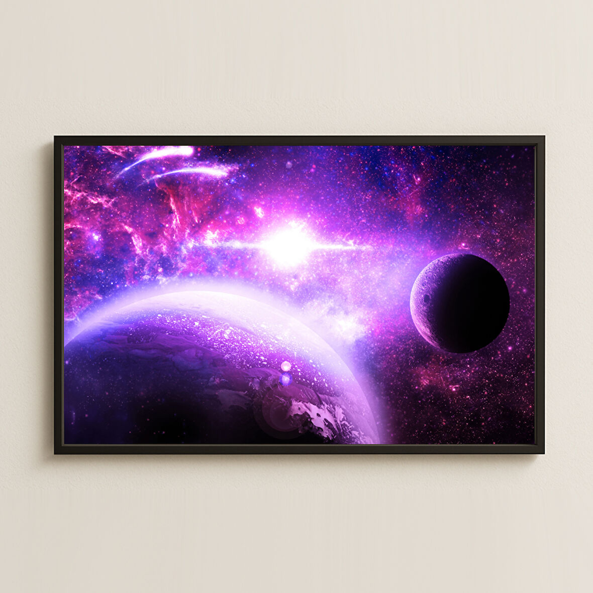 Mor Nebula ve Gezegen Manzaralı Kozmik Dijital Sanat Pleksi Tablo