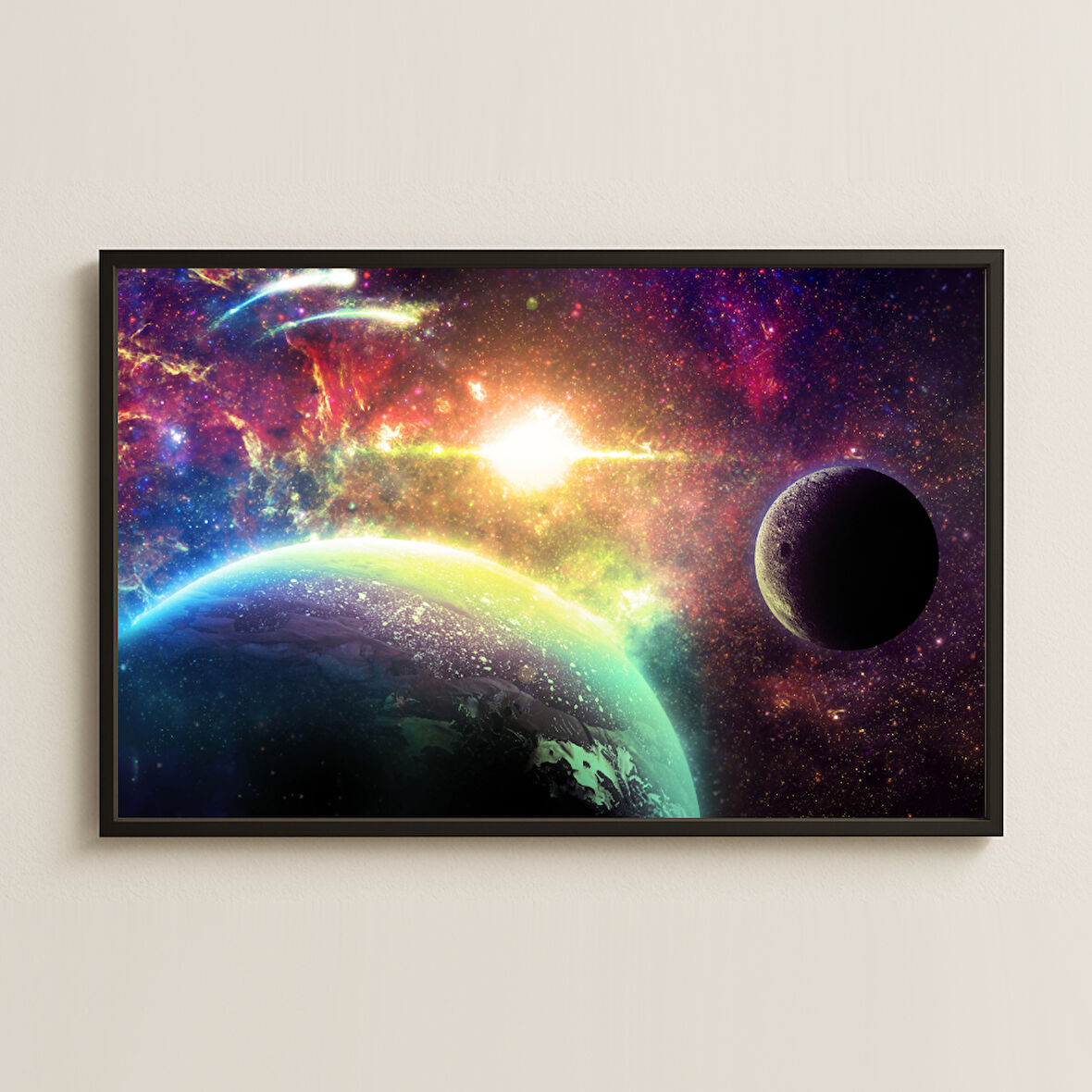 Renkli Nebula ve Gezegenler Temalı Fantastik Uzay Dijital Sanat Pleksi Tablo