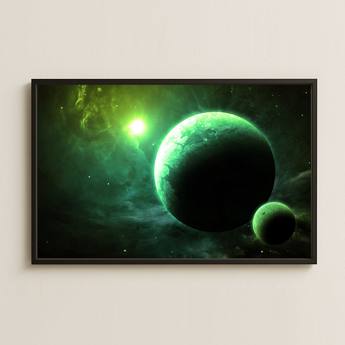 Yeşil Gezegen ve Uzay Nebulası Temalı Dijital Kozmik Sanat Pleksi Tablo
