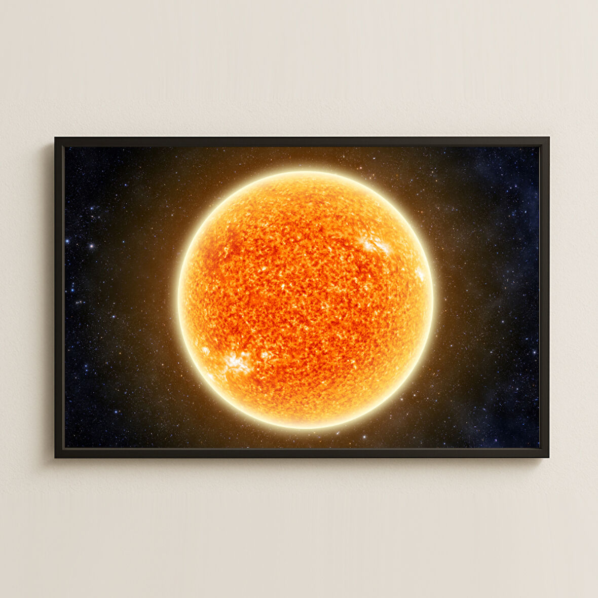 Gerçekçi Güneş Görseli ve Uzay Fonlu Dijital Sanat Pleksi Tablo