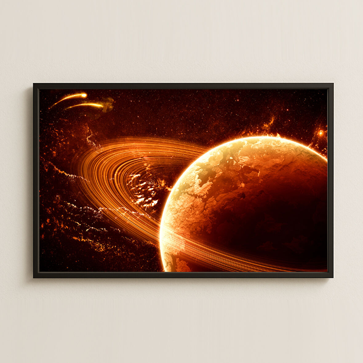 Alevli Halkalı Gezegen ve Kozmik Parıltı Dijital Uzay Tablosu