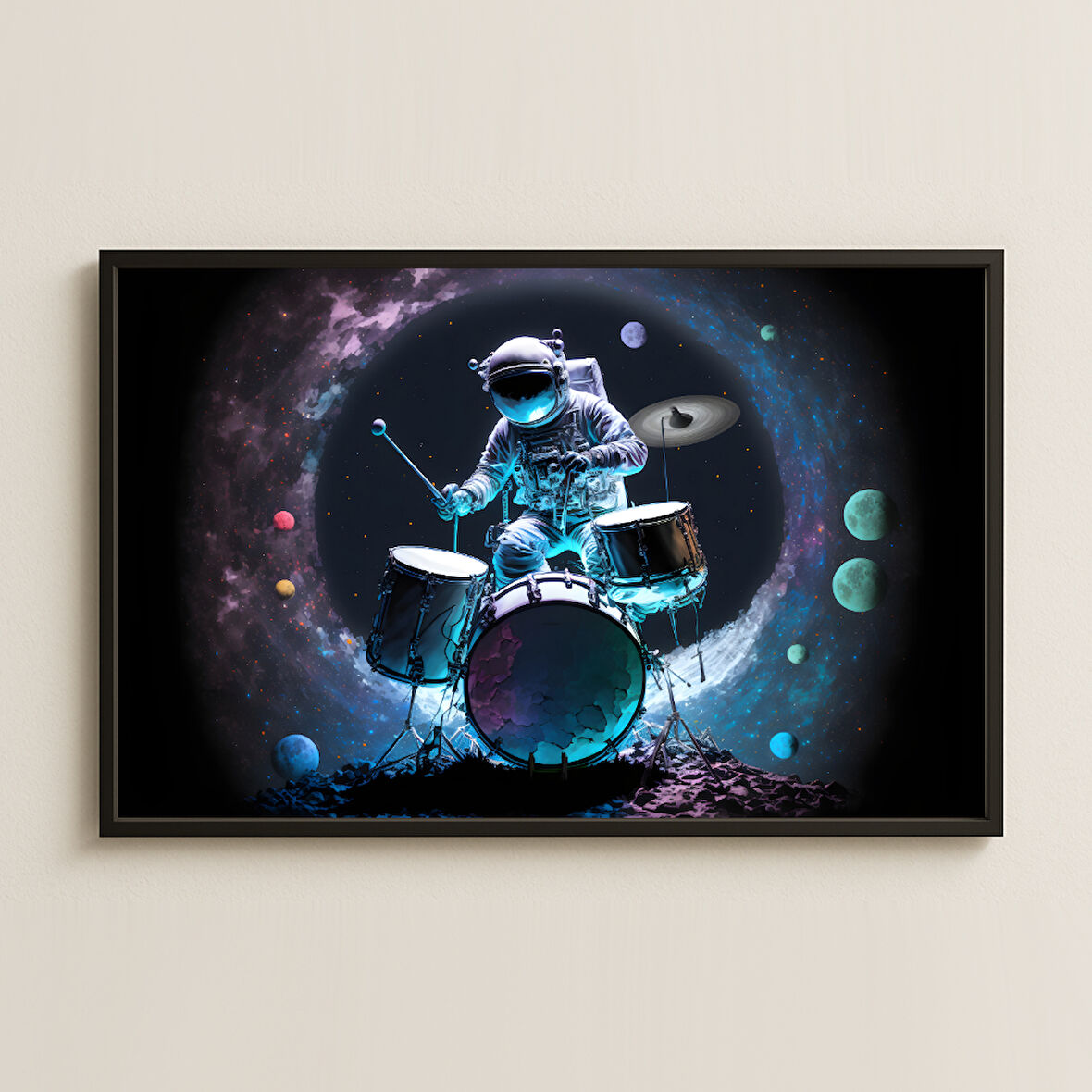 Gezegenler Arasında Davul Çalan Astronot Pleksi Tablo - Kozmik Müzik Dekoru