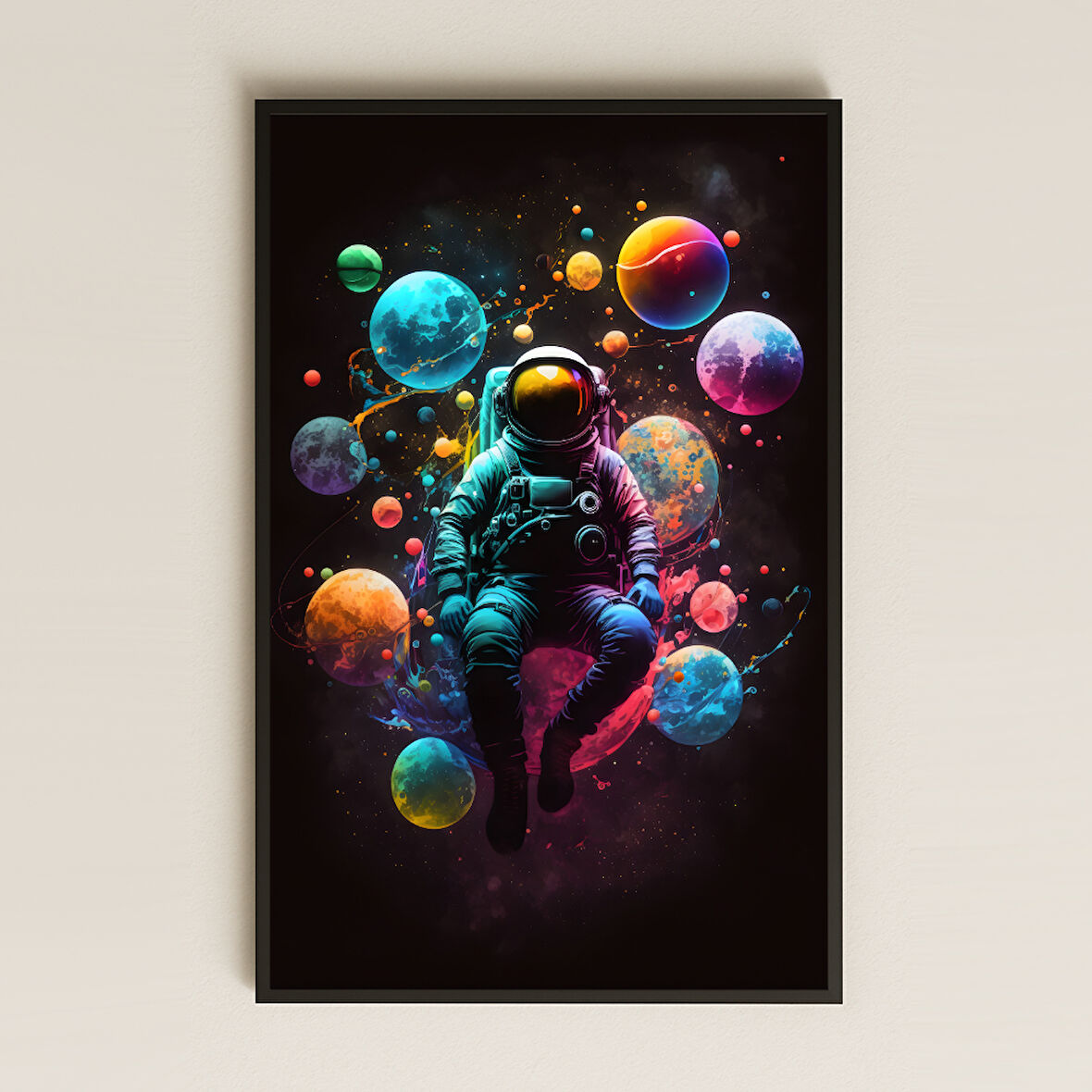 Renkli Gezegenler Arasında Yüzen Astronot Pleksi Tablo - Kozmik Rüya Dekoru