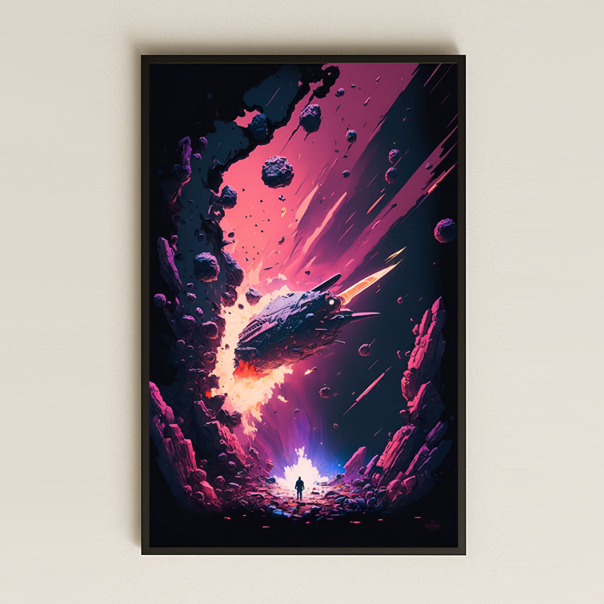 Meteor Yağmuru Altında Uzay Gemisi Temalı Pleksi Tablo - Epik Bilimkurgu Dekoru