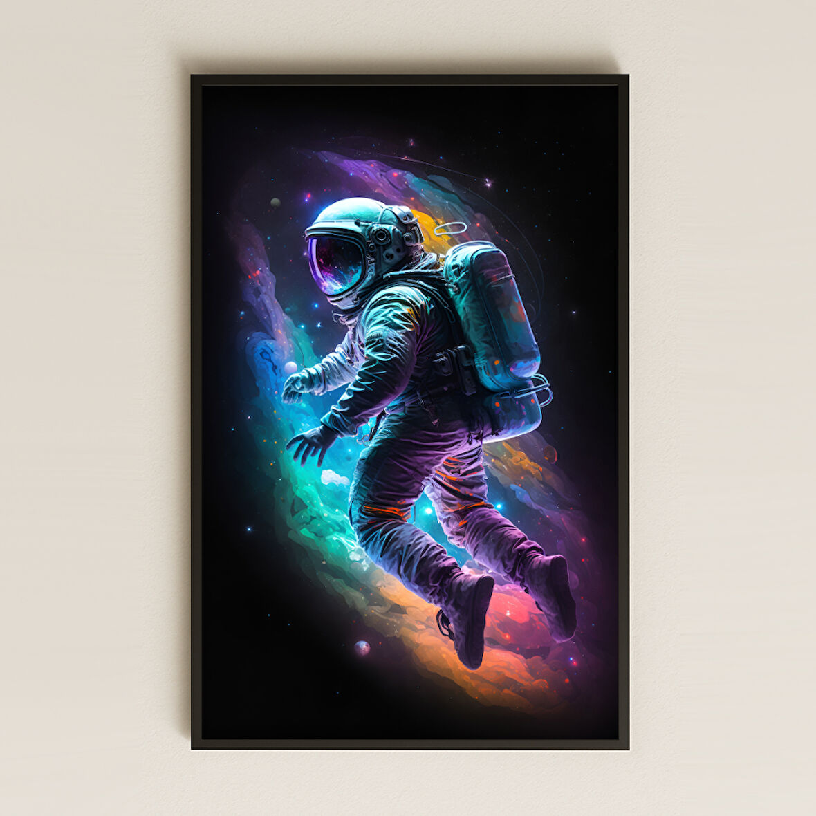 Neon Renkli Uzayda Yüzen Astronot Pleksi Tablo - Kozmik Sanat Dekoru