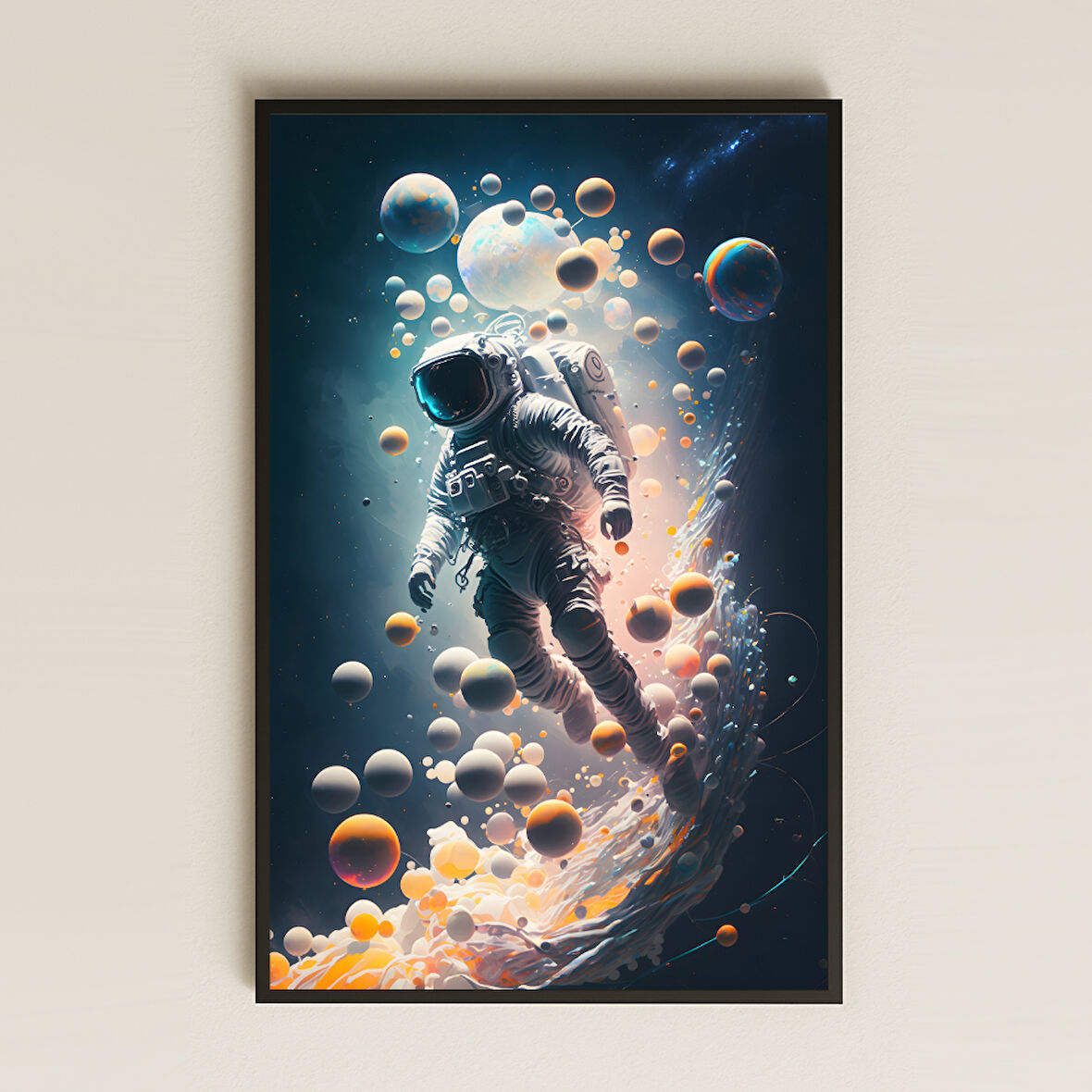 Astronot ve Kozmik Baloncuklar Temalı Pleksi Tablo - Sürreal Uzay Sanatı Dekoru