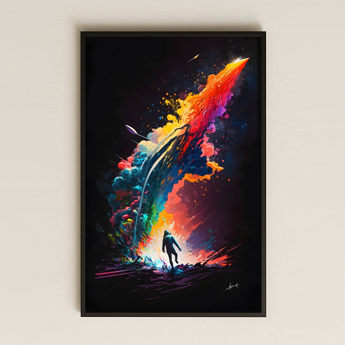 Renk Patlamasıyla Yükselen Roket ve Figür Temalı Pleksi Tablo - Hayal Gücü Bilimkurgu Dekoru