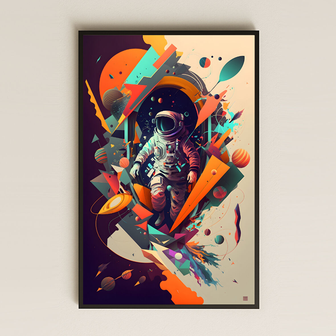 Soyut Geometrik Evren ve Astronot Temalı Pleksi Tablo - Sanatsal Bilimkurgu Dekoru