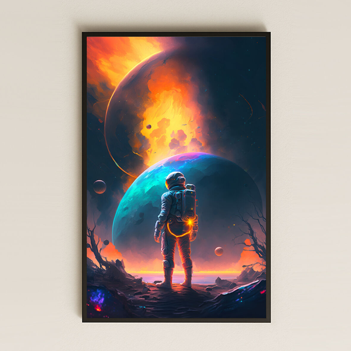 İkili Gezegen Manzarası Önünde Astronot Pleksi Tablo - Epik Uzay Keşif Dekoru