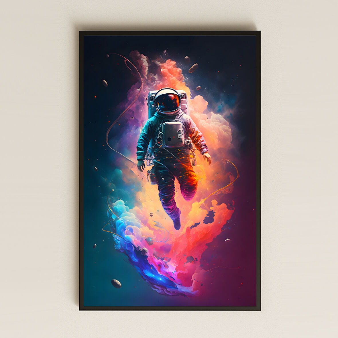 Neon Renkli Enerji Bulutunda Astronot Pleksi Tablo - Kozmik Rüya Dekoru