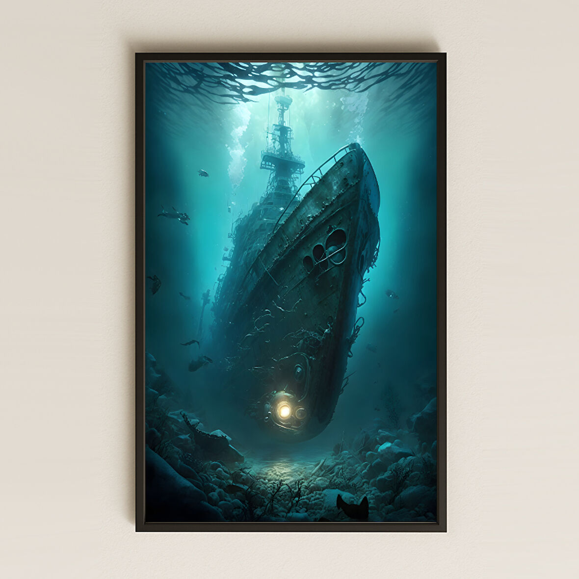 Batık Savaş Gemisi ve Dalgıçlar Temalı Derin Deniz Pleksi Tablo