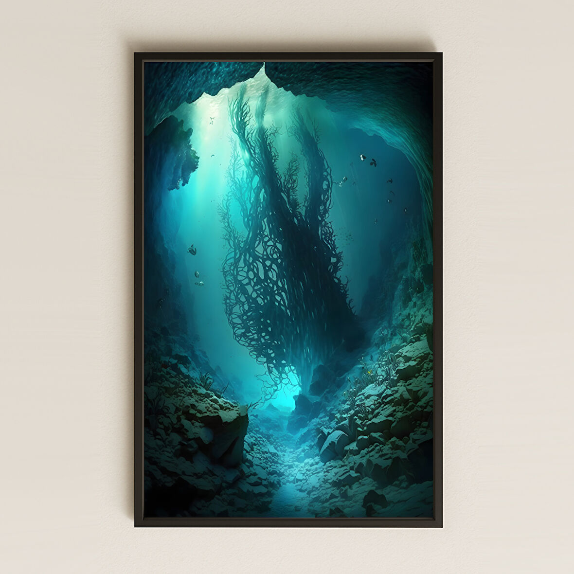 Derin Deniz Mağarası ve Yosun Silueti Temalı Fantastik Pleksi Tablo