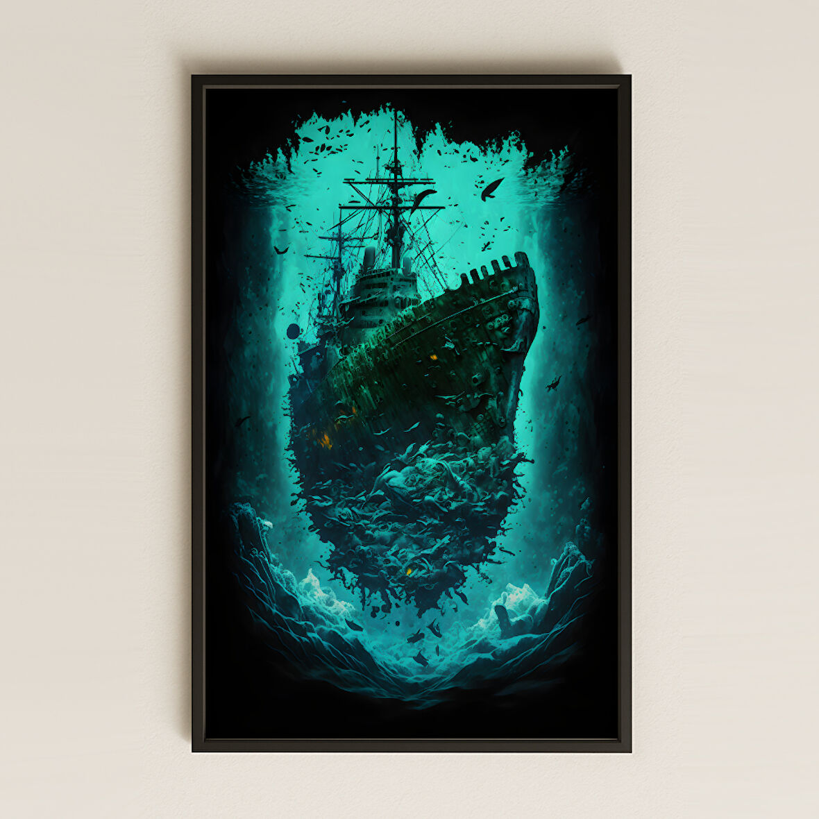Hayalet Gemi ve Balık Sürüsü Temalı Karanlık Deniz Pleksi Tablo
