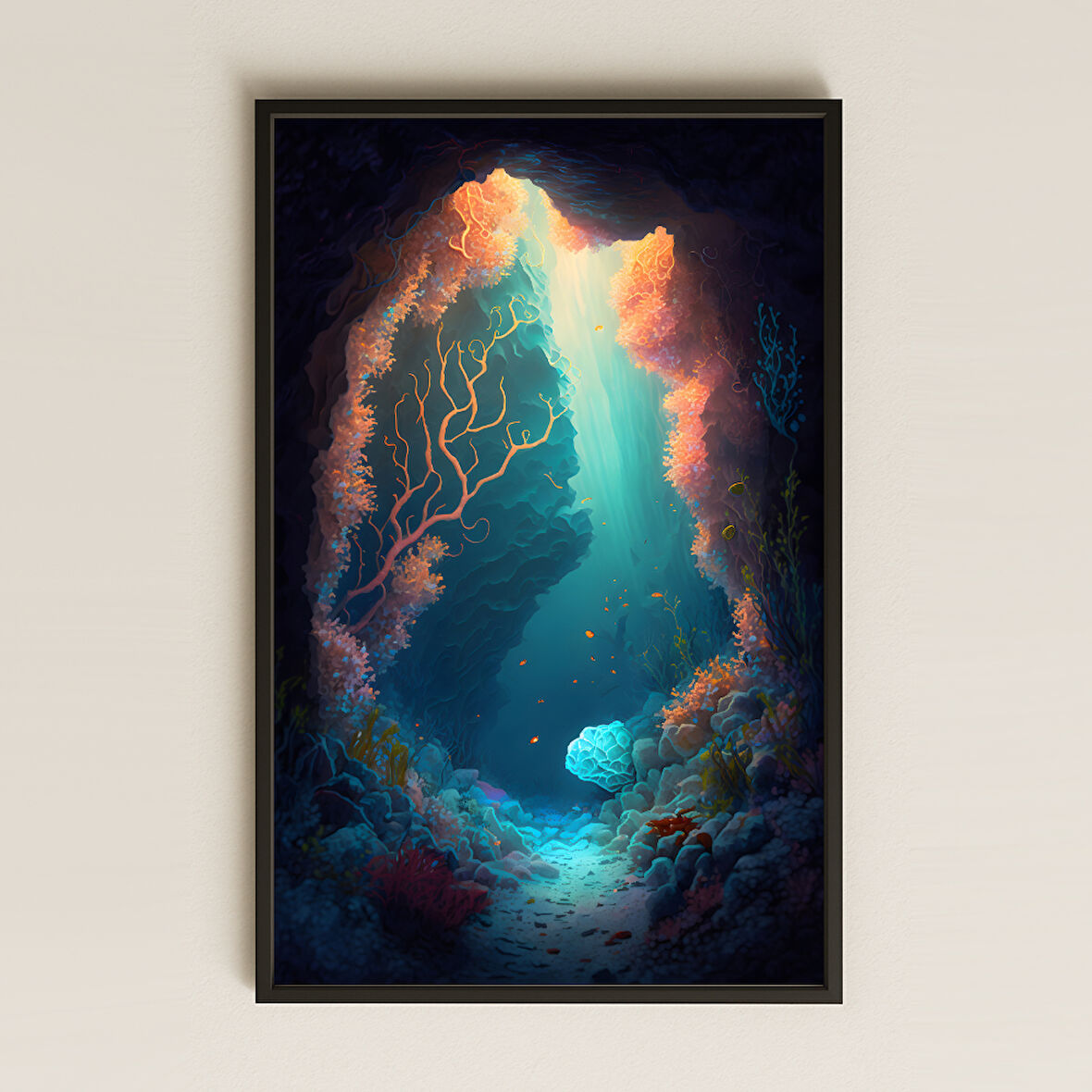 Işık Süzmeli Sualtı Mağarası ve Mercanlar Temalı Fantastik Pleksi Tablo